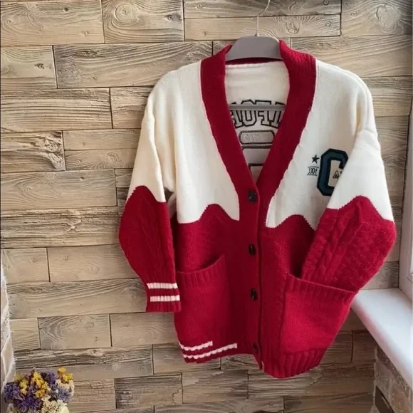 Cardigan sweater pocket cable knit duo-color red sporty - Picture 5 of 6